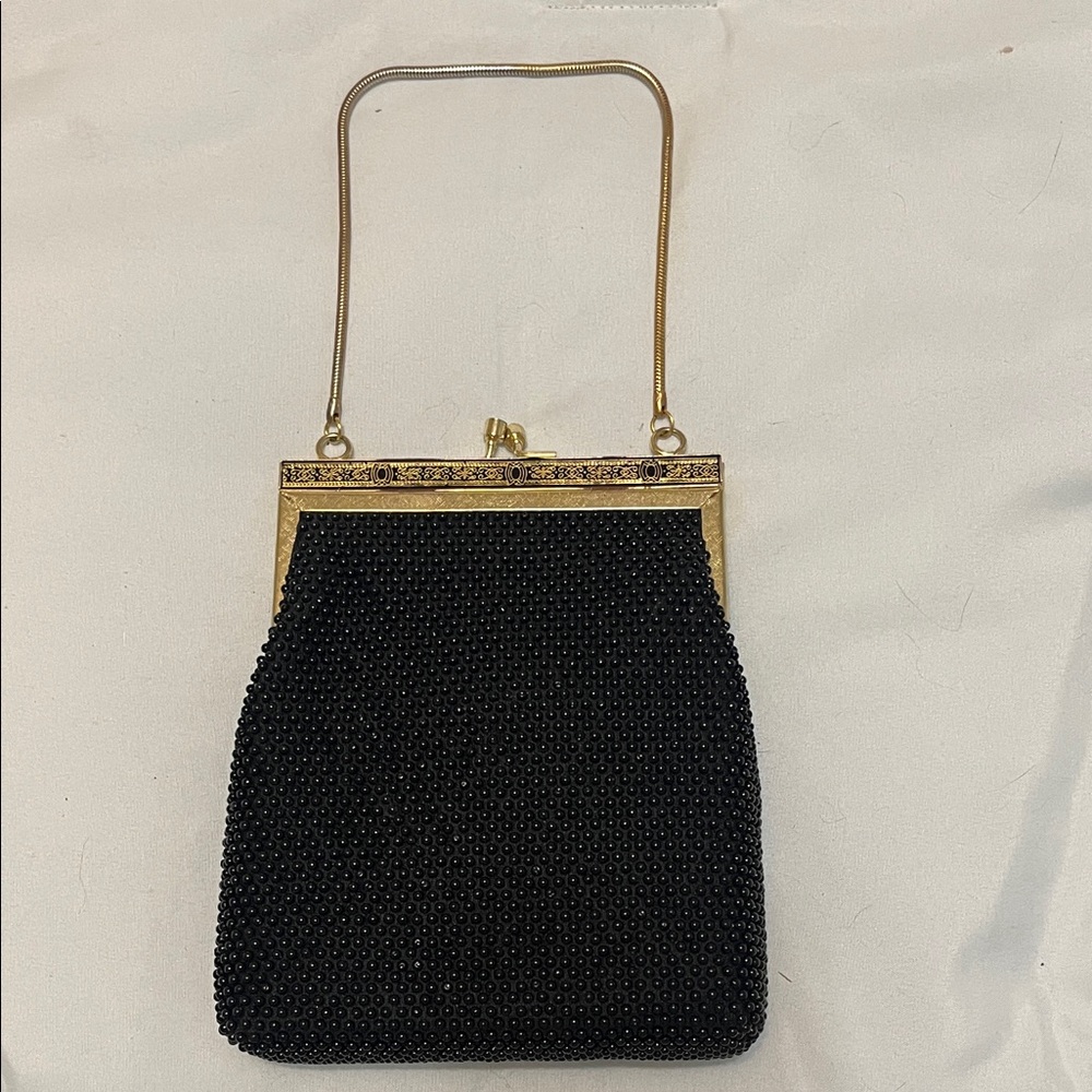Vintage Chic Black Beaded Clutch with Gold Accents